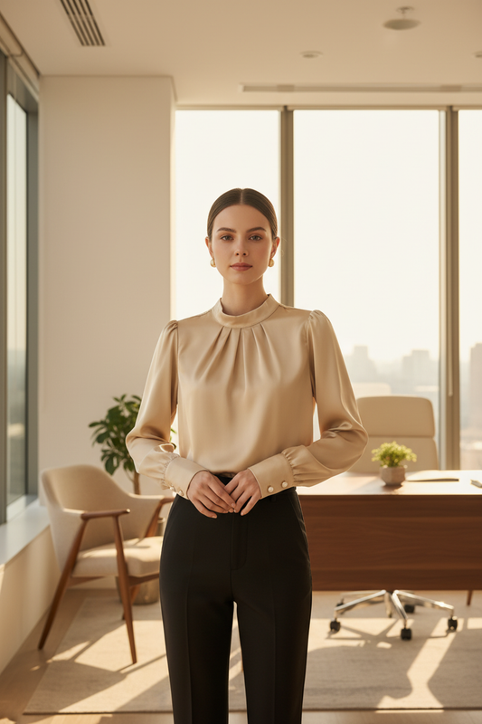 Blusa bege no escritório