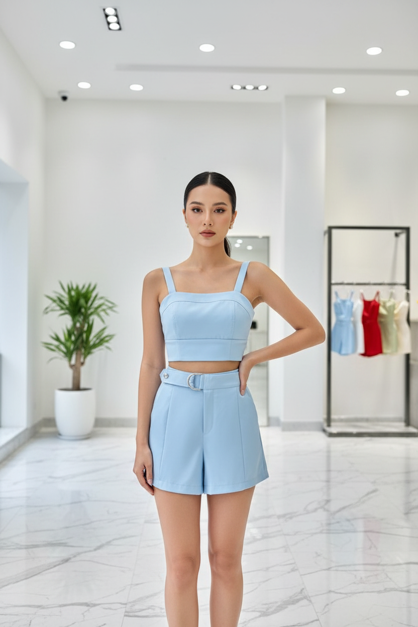 Conjunto azul na modelo