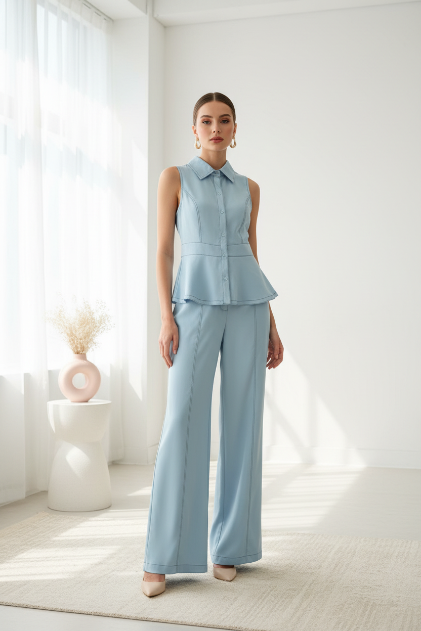Conjunto Peplum Azul em Modelo